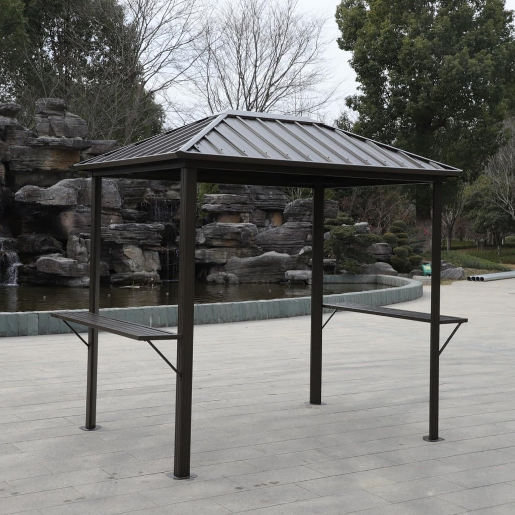 【WZZHHJ】 BBQ Hard Top Gazebo 6x8ft – Outdoor Metal Hard Top Permanent BBQ Gazebo with Galvanized Steel Weather Resistant Top, Stable 3'x3' Triangular Aluminum Frame, Double Sided Metal Shelves