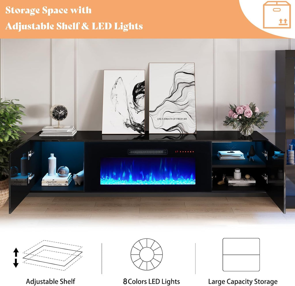 AMERLIFE Floating Fireplace TV Stand, Wall Mounted Mirrored Entertainment Center with 40' Electric Fireplace, Modern LED Lights Media Console for TVs Up to 90', Black