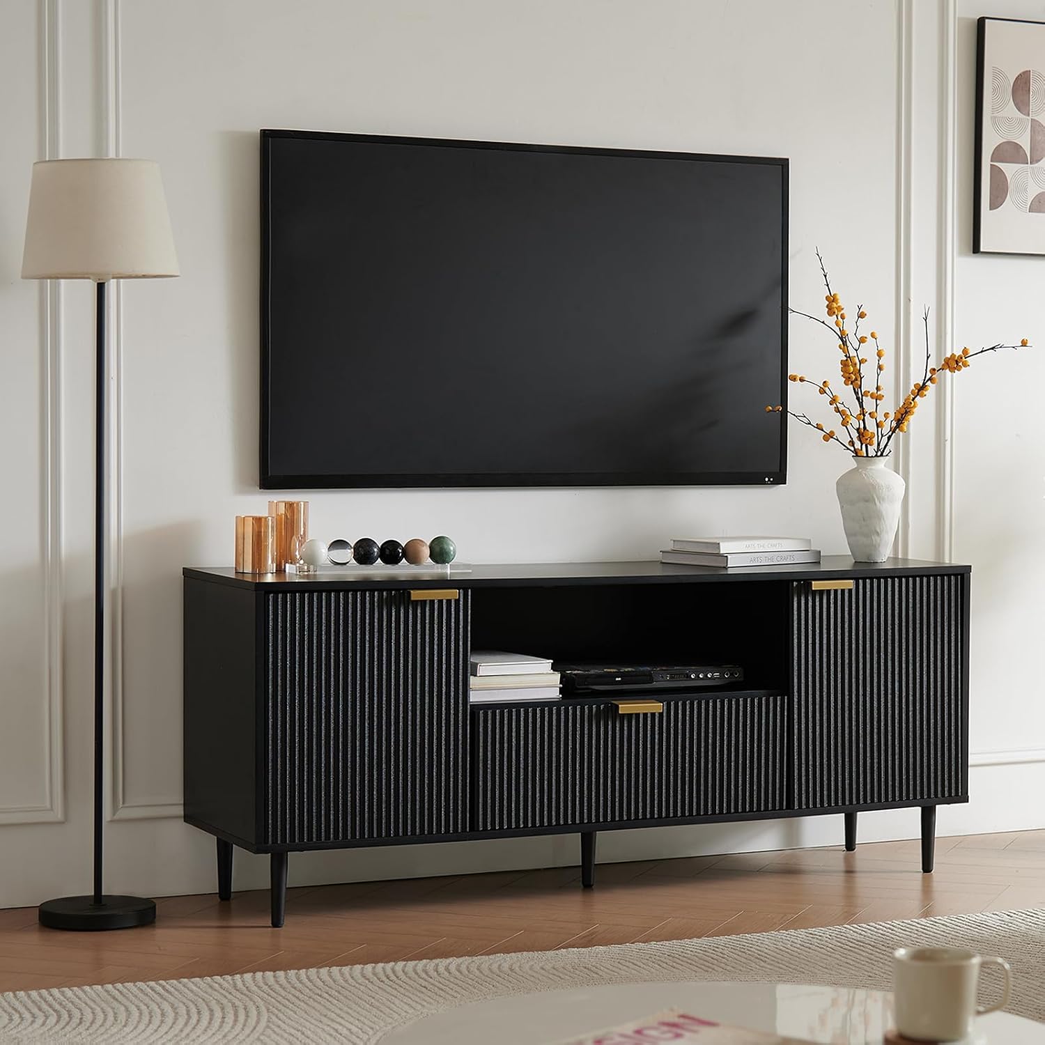 Okvnbjk Black TV Stand for 65 Inch TV, TV Consoles for Living Room, TV Stand for Bedroom w/Drawer and Storage, Wood Fluted Panel Media Console, Entertainment Center w/Soft Hinge & Cable Management