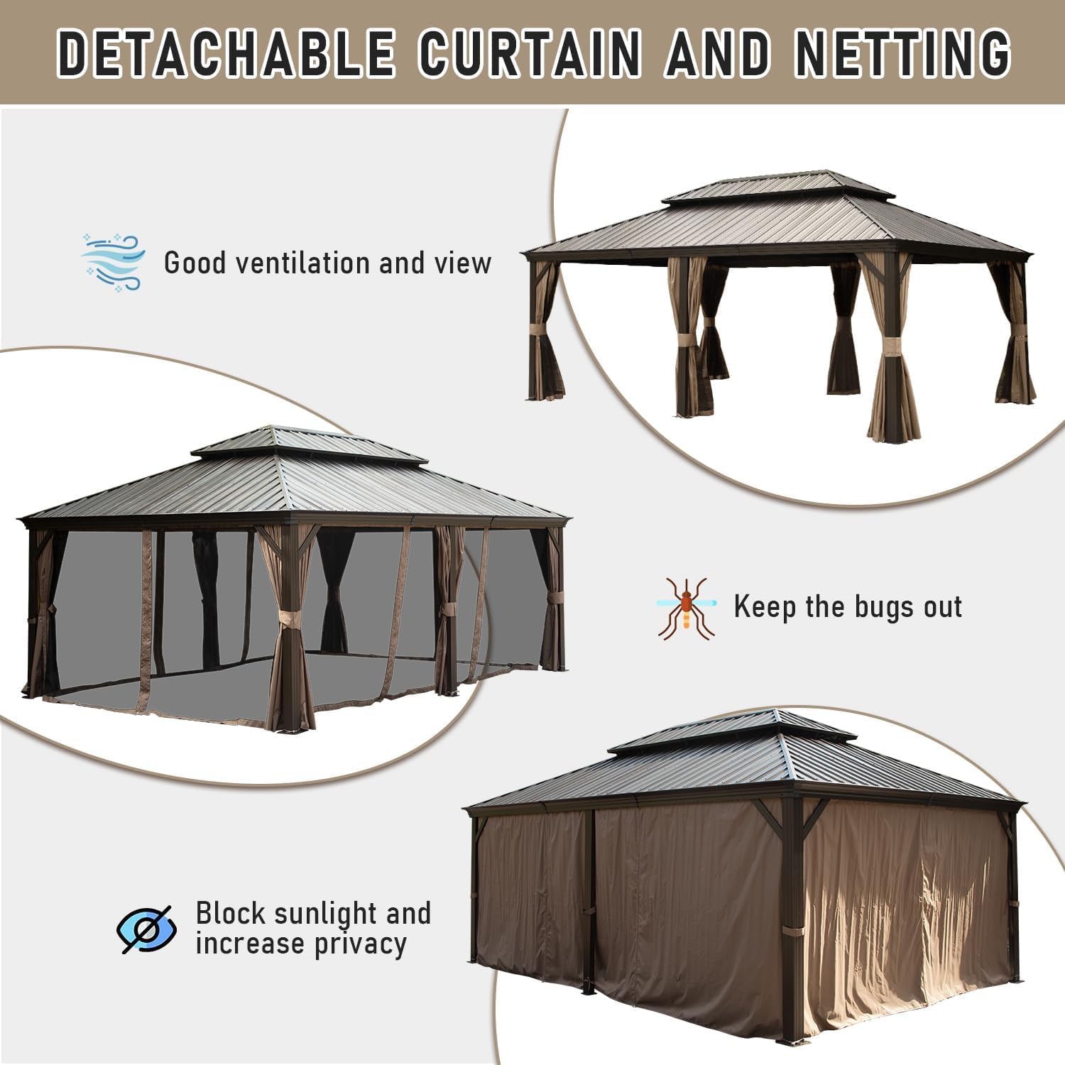 GOWE 14x22FT Hardtop Gazebo, Outdoor Gazebo with Galvanized Steel Double Roof, Aluminum Frame, Built-in Gutter System, Curtain and Netting, Metal Gazebo Pavilion for Patio Deck Garden, Brown