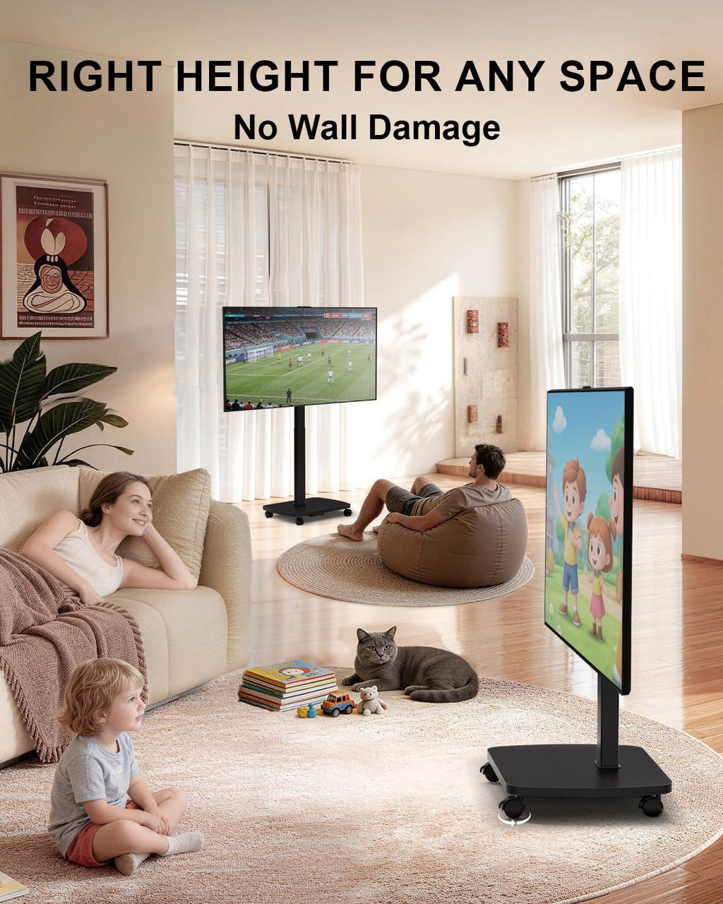 WALI Motorized Rolling TV Stand Lift on Wheels, Electric Height Adjustable Television Stand Mount with Remote for 30-75' TVs up to 110 lbs, Mobile TV Cart with Wood Base for Bedroom(TVDVD-7ER), Black