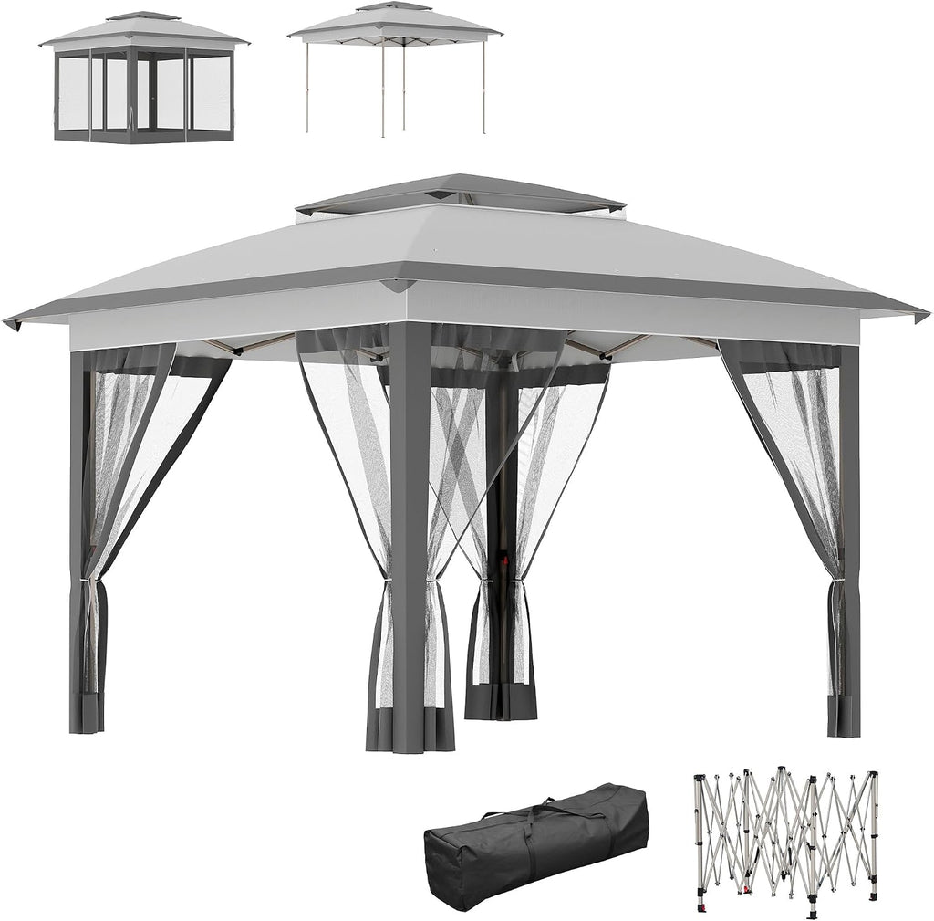 Outsunny 12' x 12' Pop Up Canopy Tent with Netting and Carry Bag, Instant Sun Shelter with 137 sq.ft Shade, Tents for Parties, Height Adjustable, for Outdoor, Garden, Patio, Gray