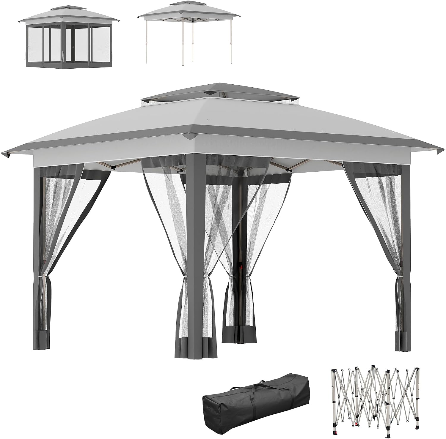 Outsunny 12' x 12' Pop Up Canopy Tent with Netting and Carry Bag, Instant Sun Shelter with 137 sq.ft Shade, Tents for Parties, Height Adjustable, for Outdoor, Garden, Patio, Gray