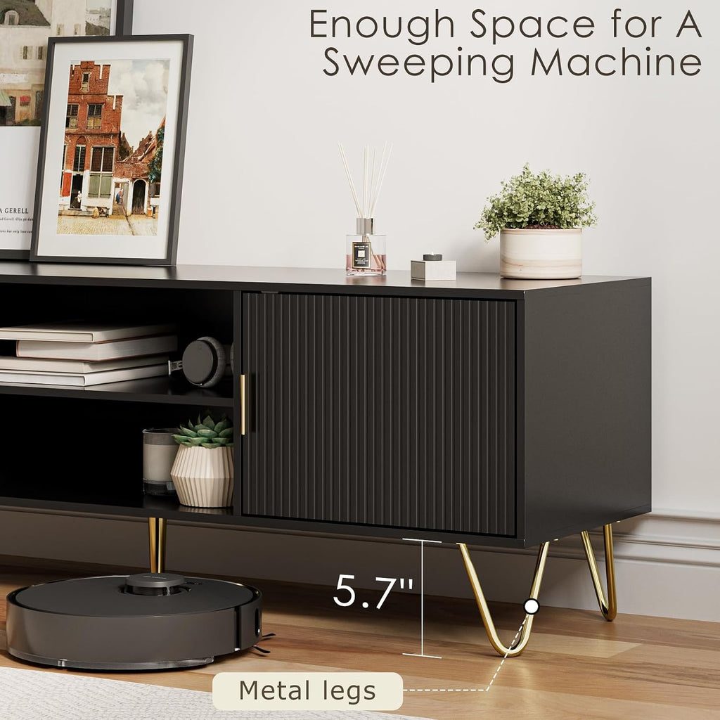 TV Stand for 55-65 inch TV, Entertainment Center with Soft Hinge Door,TV Console Table with 2 Cabinets with Gold Handle and Feet,for Living Room, Bedroom, Black