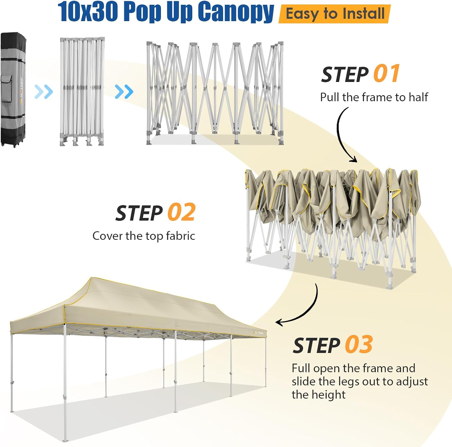 HOTEEL 10x30 Heavy Duty Pop up Canopy Tent Without Sidewalls, Easy Setup Outdoor Commercial Instant Tent for Parties Wedding Event, with Portable Bag, Khaki(Hexagonal Frame)