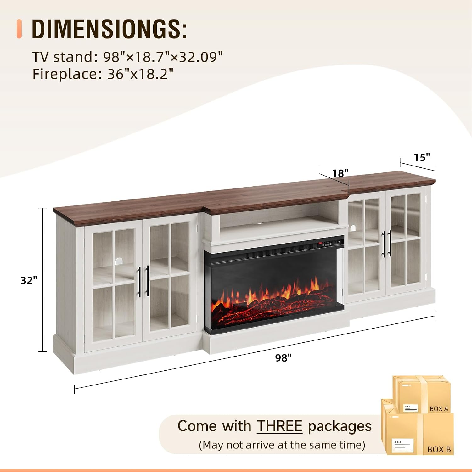 98' Farmhouse TV Stand with 36' Fireplace for TVs up to 100', Media Entertainment Center with Adjustable Shelves and Large Storage Cabinets, for Living Room, White & Black