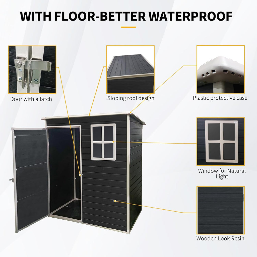 5X3 ft Outdoor Resin Storage Shed with Floor and Windows, Waterproof Plastic Garden Shed with Lockable Door and Air Vents, All-Weather Tool Sheds for Backyard, Patio, Lawn (Black)