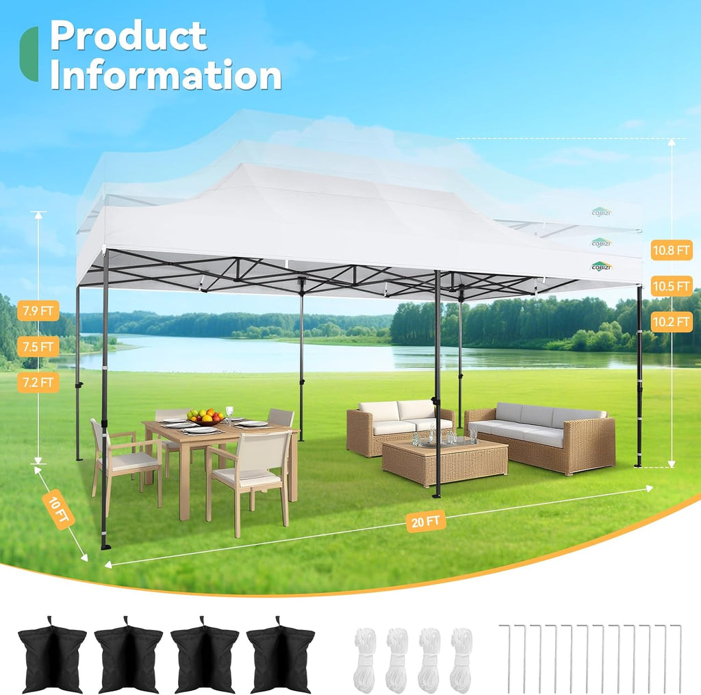 COBIZI 10x20 Heavy Duty Pop Up Canopy Tent with 6 Sidewalls Thicken Frame, Commercial Easy Up Outdoor Wedding Party Tents, All Season Waterproof Windproof with Stakes Sandbags Ropes Roller Bag, White