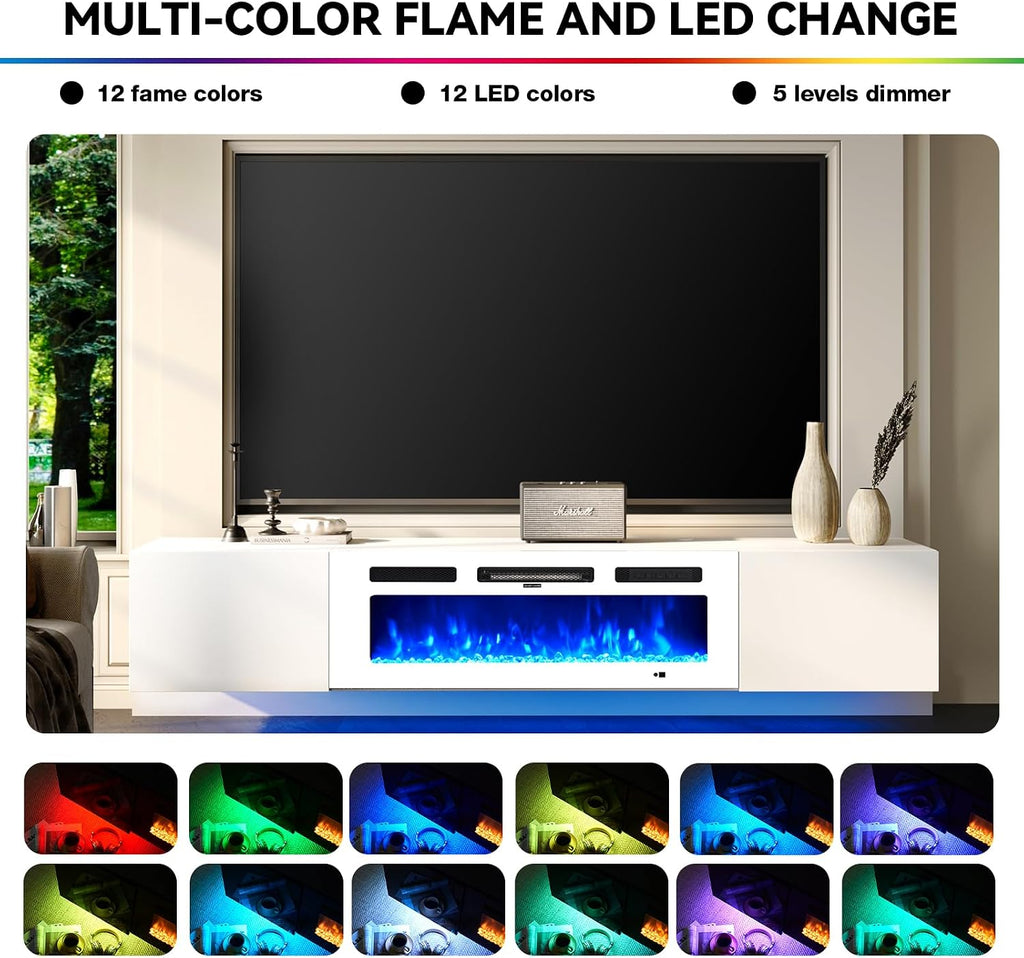 70'' Floating TV Stand with 36' Electric Fireplace, Wall Mounted Entertainment Center with Storage for TVs up to 80', Adjustable 12-Color LED Lights Media TV Console for Living Room,All White