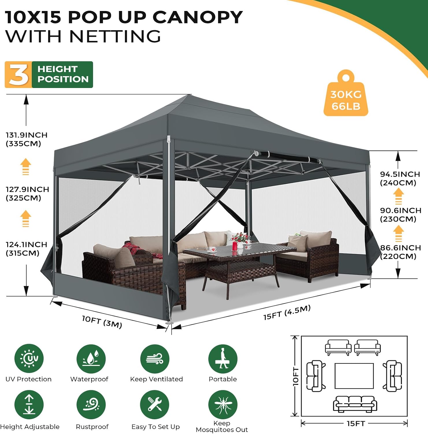 COBIZI 10x15 Heavy Duty Pop Up Canopy with 4 Sidewalls, Commercial Gazebo Party Tent with Mosquito Netting Wall Easy Set Up Outdoor Instant Screen Tent for Backyard, Patio, Garden, Gray