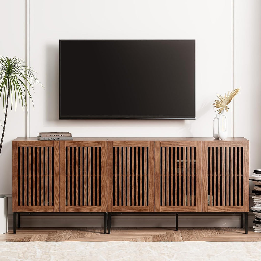 BVIUNTWO Farmhouse TV Stand for TVs up to 85 inch, 2 in 1 Entertainment Center TV Console with Metal Base & Storage Cabinets,Media Console for Living Room, Dark Brown