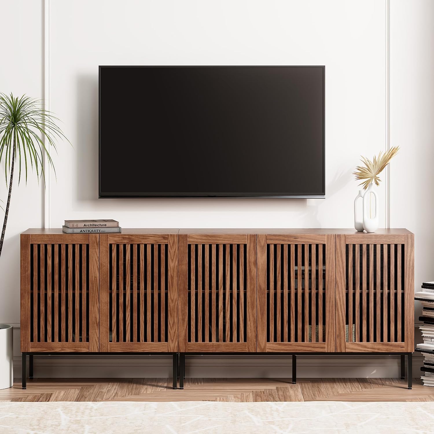 BVIUNTWO Farmhouse TV Stand for TVs up to 85 inch, 2 in 1 Entertainment Center TV Console with Metal Base & Storage Cabinets,Media Console for Living Room, Dark Brown