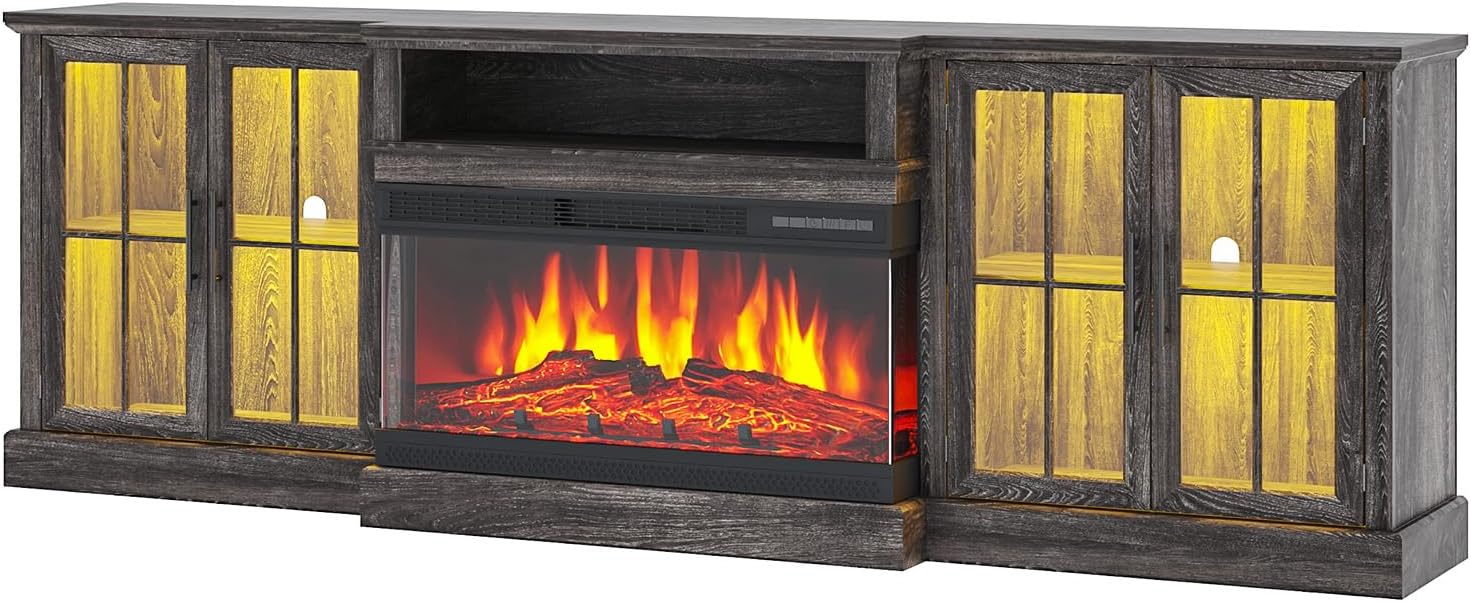 98' Farmhouse TV Stand with 36' Fireplace for TVs up to 100', Media Entertainment Center with Adjustable Shelves and Large Storage Cabinets, for Living Room, Gray & Black
