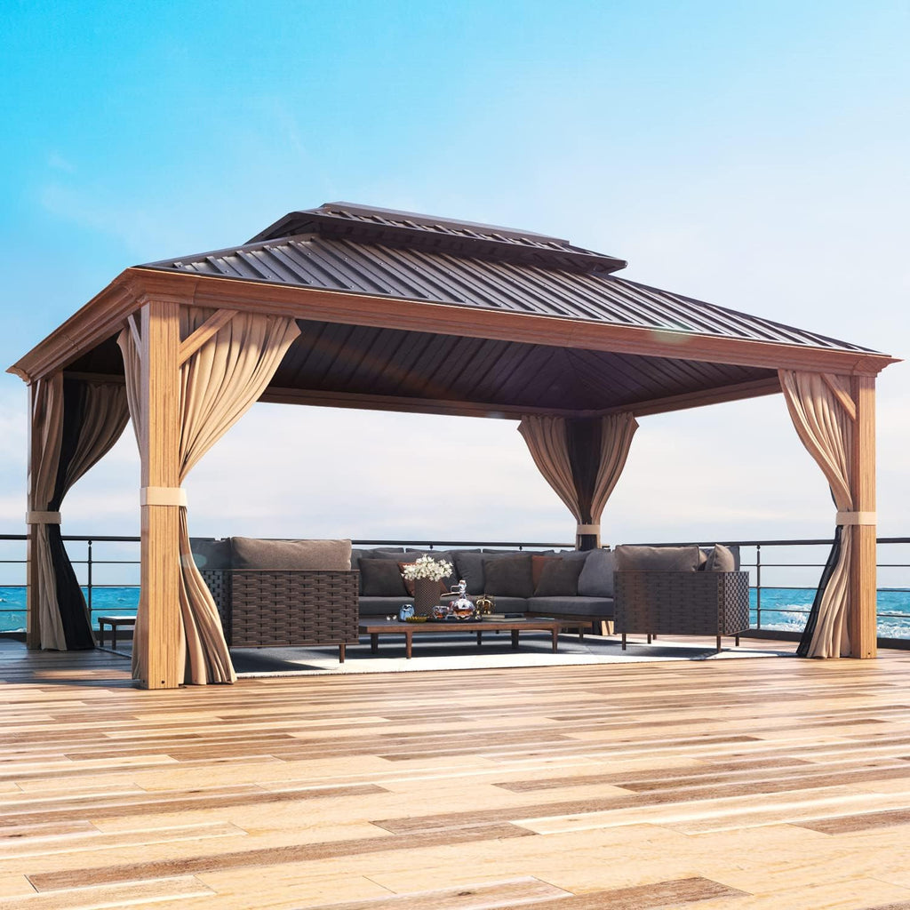 MELLCOM 12' x 16' Gazebo, Wooden Finish Coated Aluminum Frame Hardtop Gazebo with Galvanized Steel Double Roof, Outdoor Permanent Metal Pavilion with Curtains and Nettings for Patios, Gardens, Lawns