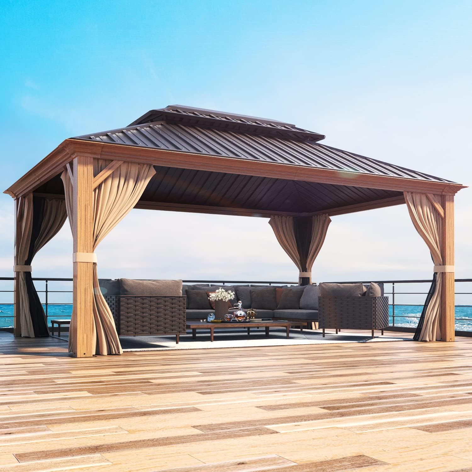 MELLCOM 12' x 16' Gazebo, Wooden Finish Coated Aluminum Frame Hardtop Gazebo with Galvanized Steel Double Roof, Outdoor Permanent Metal Pavilion with Curtains and Nettings for Patios, Gardens, Lawns