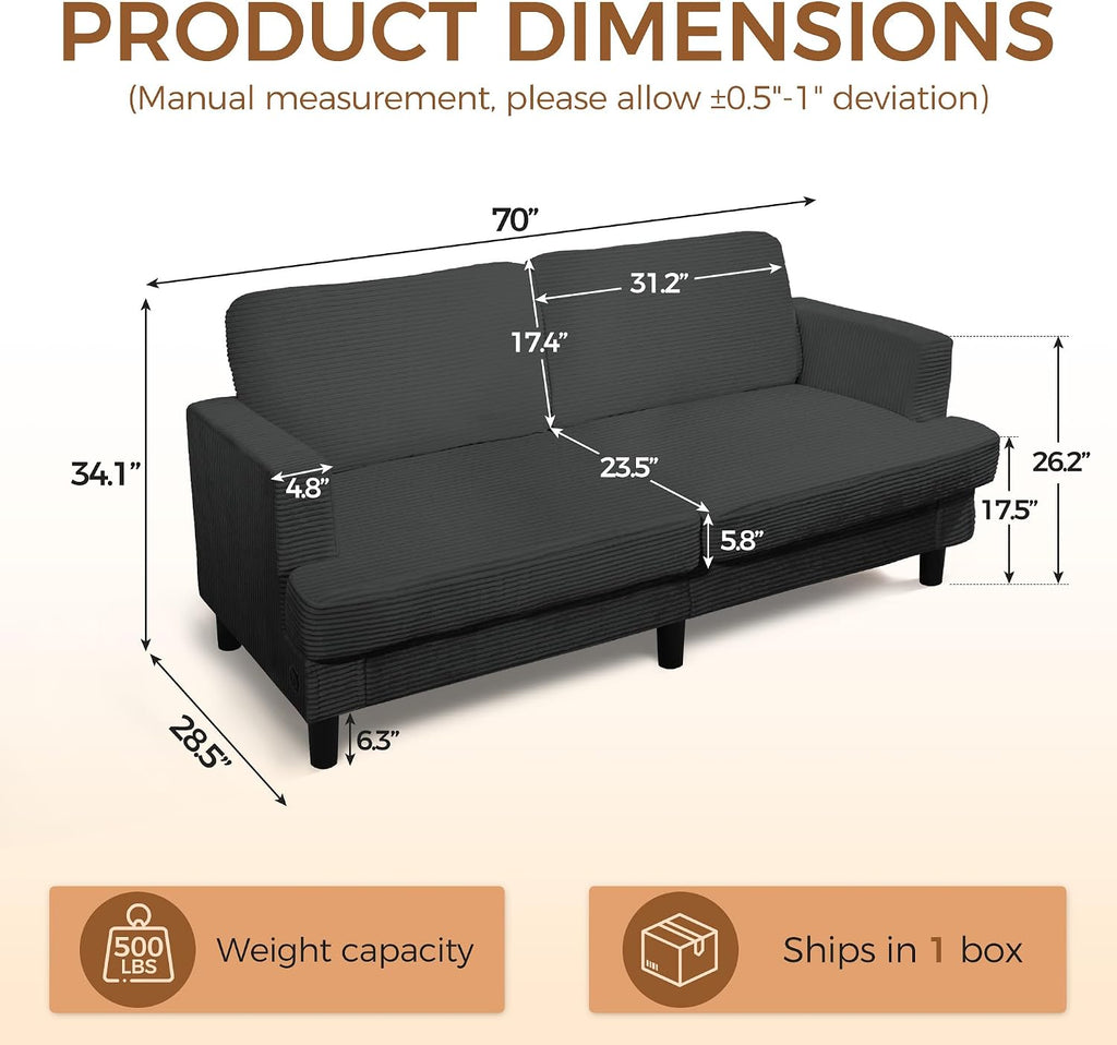 MAKIAAP 70' Loveseat Sofa for Living Room, Comfy Corduroy Couch with USB & Type-C Ports, Modern 2-Seater Deep Seat Small Couch for Bedroom, Apartment, Office – Soft Cushions & Sturdy Frame (Gray)