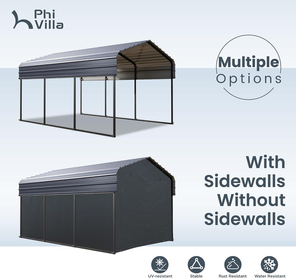 PHI VILLA 10x15 ft Carport, Metal Carports Canopy with Sidewalls Heavy Duty Car Port Portable Garage with Galvanized Steel Roof Multi-Use Shelter, Sturdy Car Ports for Cars, Boats and Tractors