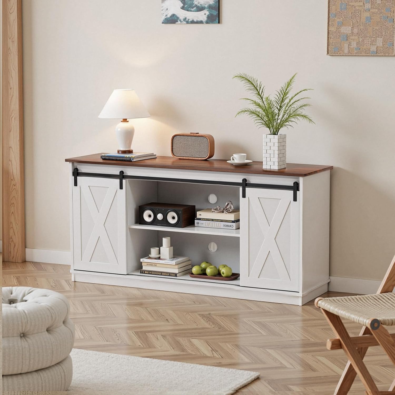 Sweetcrispy Farmhouse TV Stand 65 Inch for Living Room Bedroom White, Tall Entertainment Center with Storage Shelves, Media Console Cabinet with Wood Board, 300 LBS Capacity, and Sliding Barn Door