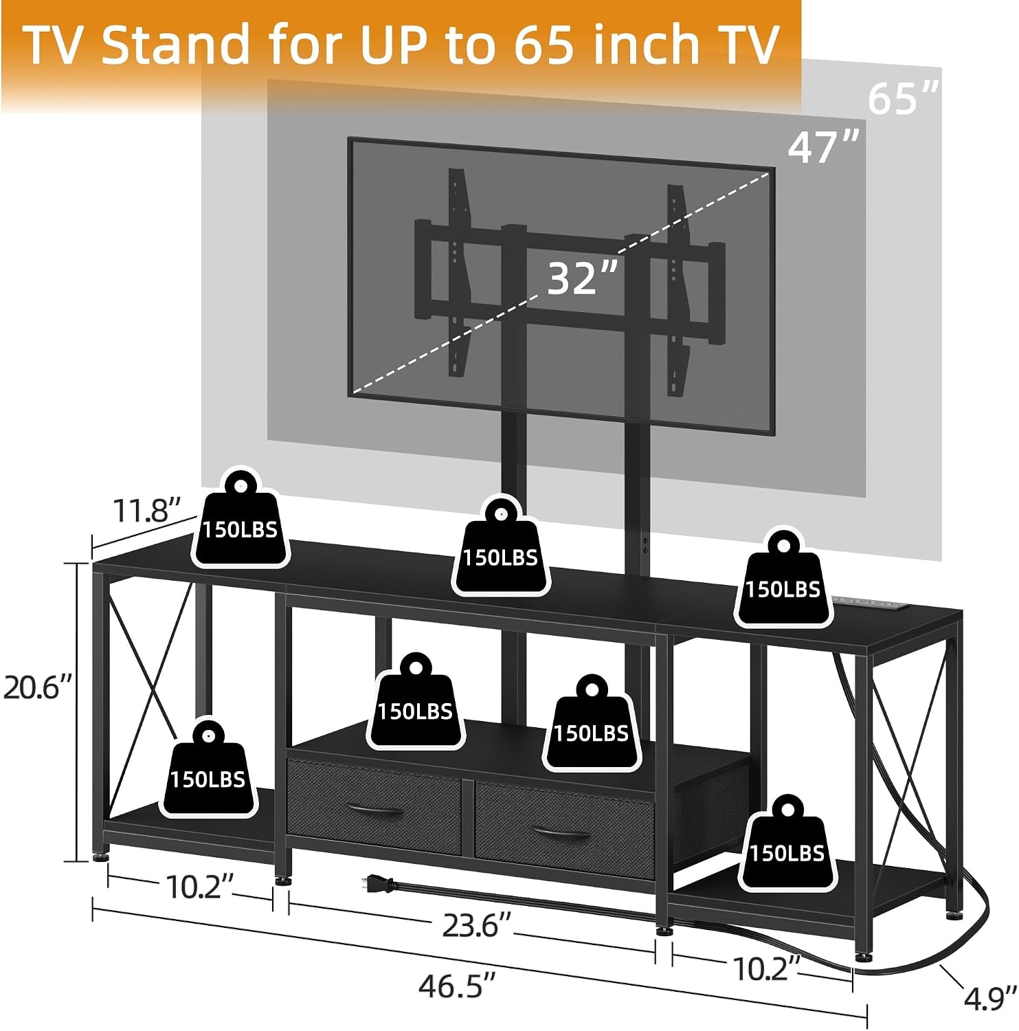 GYIIYUO LED TV Stand with Mount and Power Outlet & Fabric Drawers for 32-85 Inches TV - Entertainment Center and Industrial TV Console Table for Living Room, Bedroom- 46.5' Black
