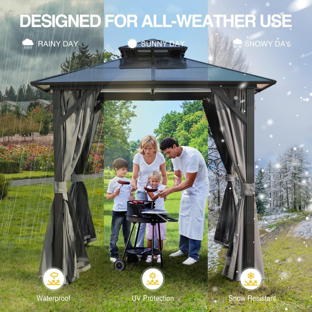 Outdoor Grill Gazebo 8x8FT, Hardtop BBQ Shelter with UV-Resistant Polycarbonate Roof & Storage Hooks for Patio, Lawn, and Garden
