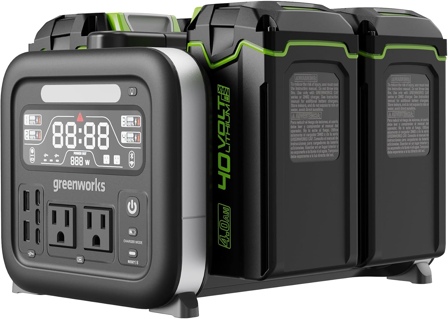 Greenworks 4 x 40V 4Ah Batteries Included, 40V 500W Portable Power Inverter - 4-Slot Design, 2 AC Outlets, 5 USB Ports, Smart APP Control, Outdoor Backup Power Supply