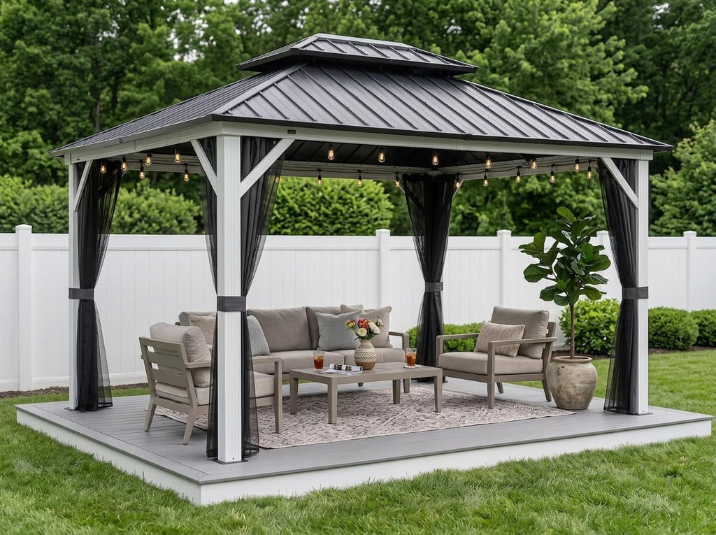 PURPLE LEAF 10' X 12' Gazebo White Aluminum Frame Galvanized Double Roof Hardtop Gazebo Curtains and Netting Included with String Lights for Garden Deck Lawns and Backyard, Grey