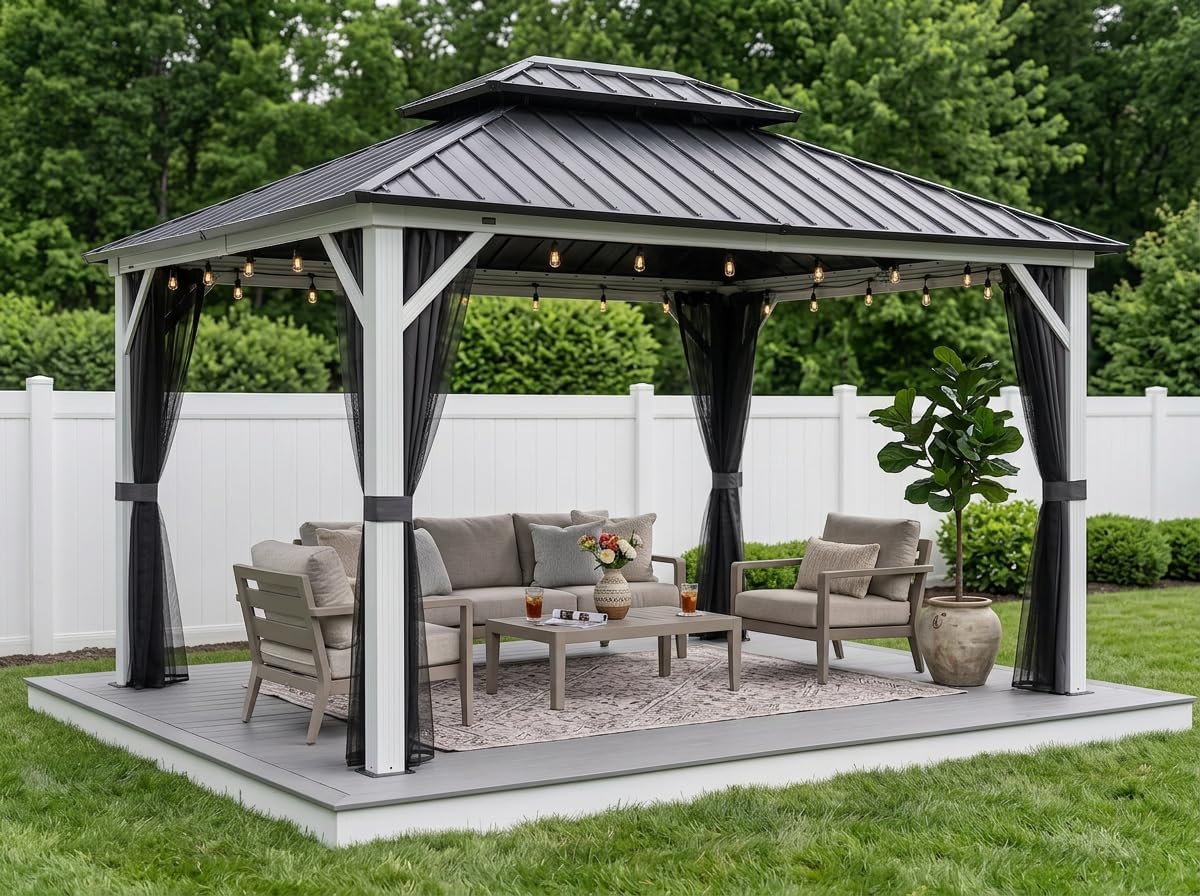 PURPLE LEAF 10' X 12' Gazebo White Aluminum Frame Galvanized Double Roof Hardtop Gazebo Curtains and Netting Included with String Lights for Garden Deck Lawns and Backyard, Grey