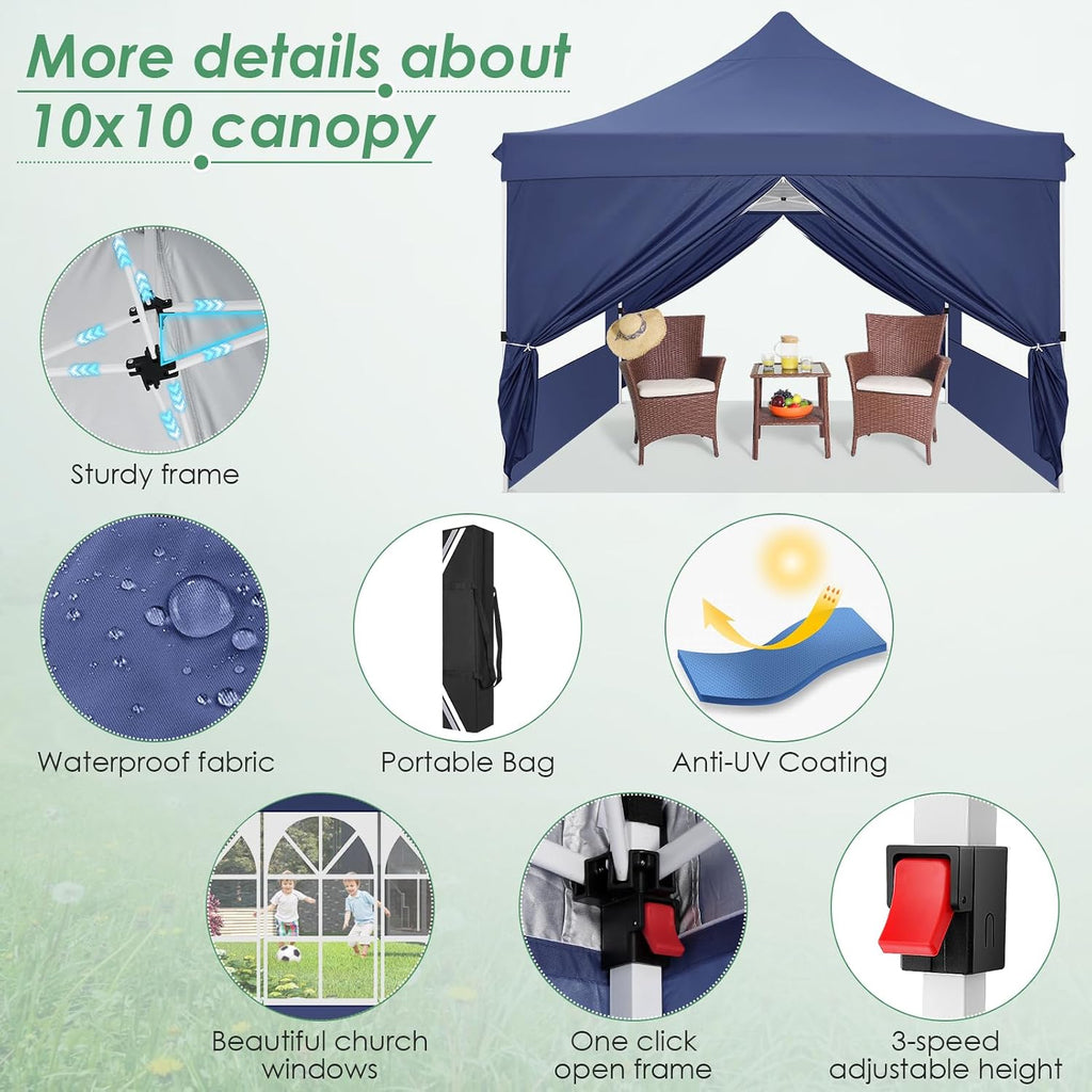 COBIZI Canopy 10x10 Pop Up Canopy Tent with Sidewalls, Commercial Party Tent Ez Waterproof Outdoor Instant Gazebo UV 50+ Event Shelter, Garden Tents for Parties Camping with Sandbags,Dark Blue