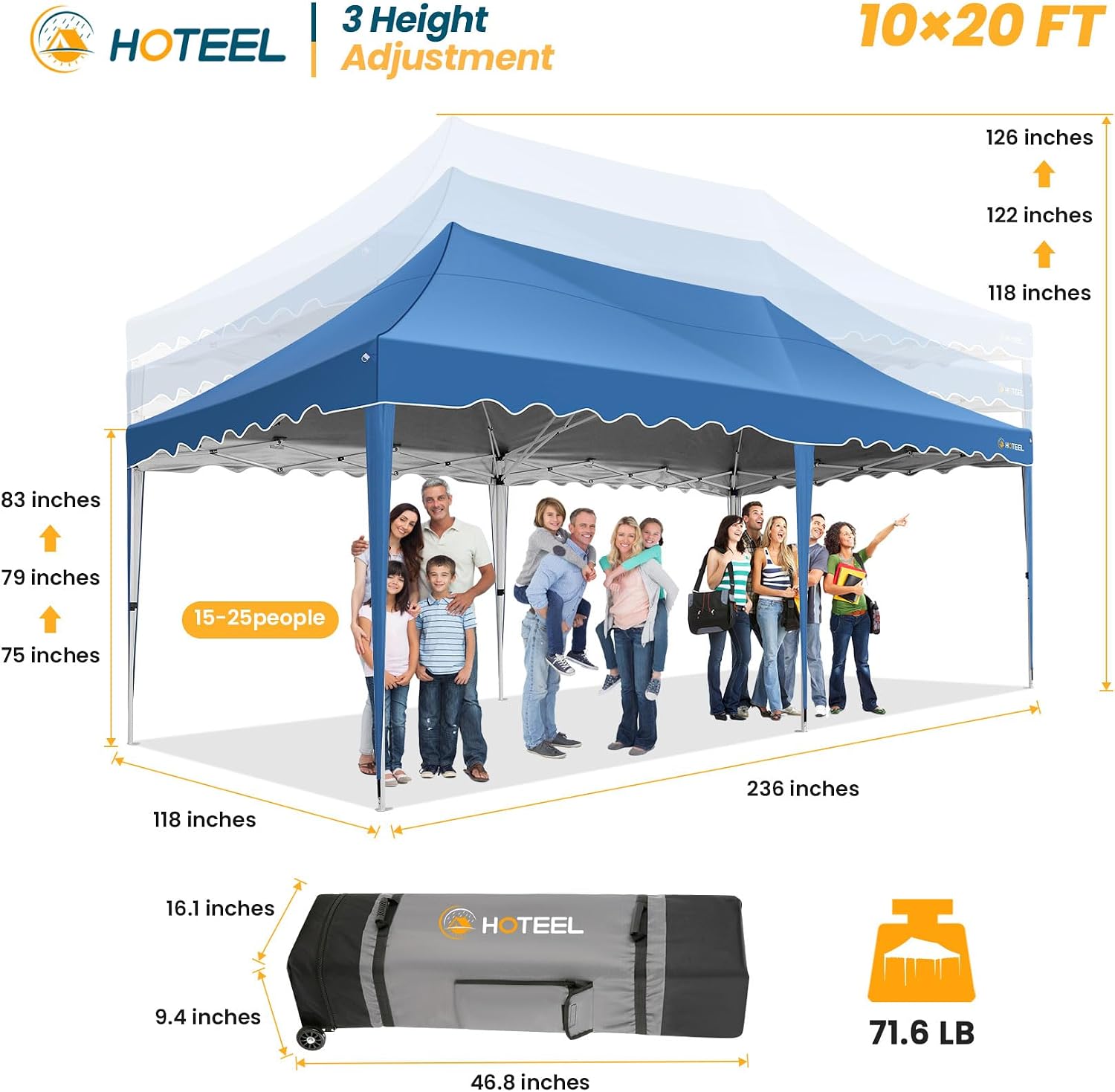 HOTEEL 10×20 Pop Up Canopy, Canopy Tent 10×20 UV 50+ and Waterproof, Thickened Frame, Large Space Easy Tent, Outdoor Canopies for Weddings, Beaches, Parties, Patio (Blue)