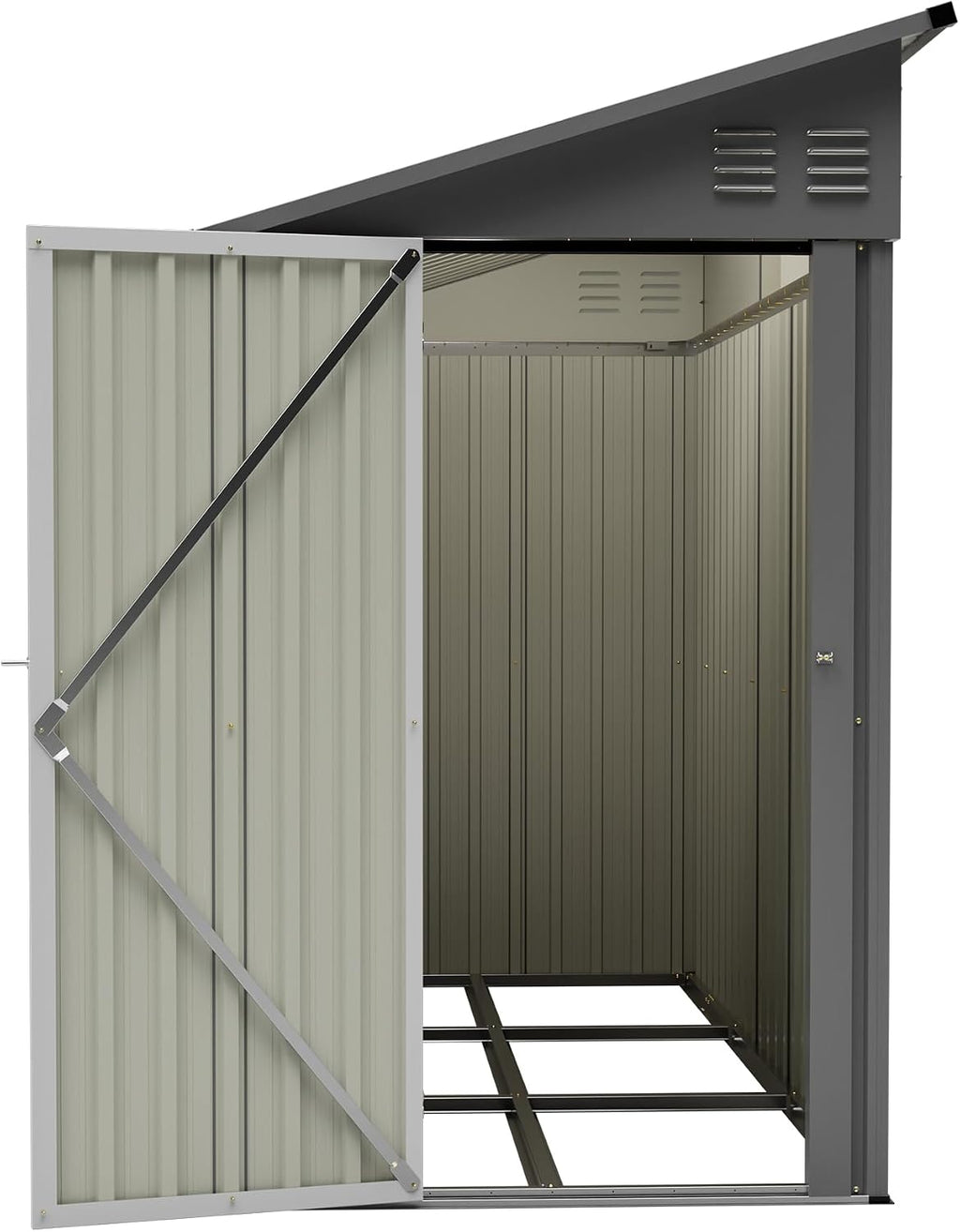 YOPTO 4×8 FT Lean to Metal Shed,Outdoor Heavy-Duty Storage Shed with Floor Base,All Weather Waterproof Garden Tool House W/Lockable Door&2 Air Vents,Reversible Door Design,for Backyard,Patio,Lawn,Gray