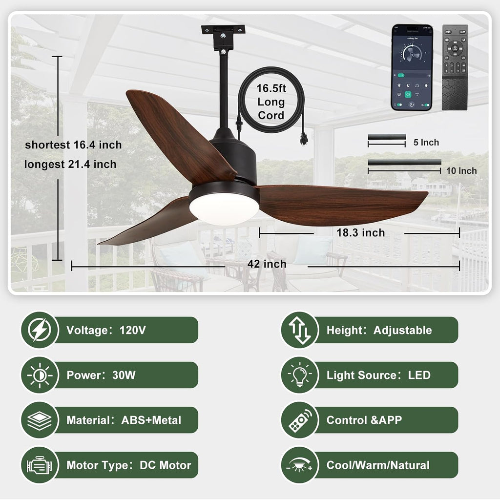 Outdoor Ceiling Fan with Light: 42' Walnut Hanging Fan for Gazebo Waterproof - Plug In Outdoor Fans for Patio Porch Pergola with APP Remote Control Reversible DC Motor