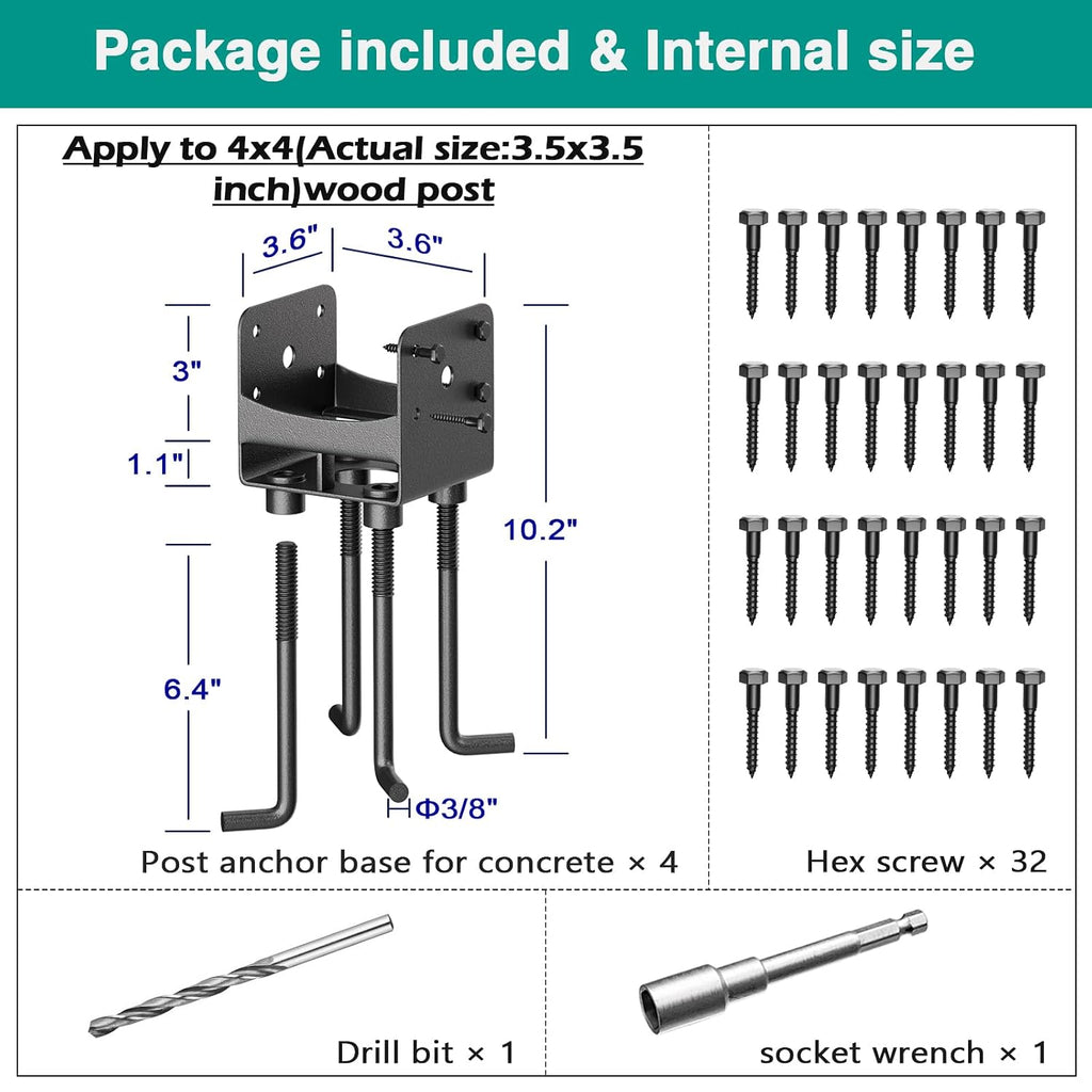 Stainless Steel Post Base Anchor Bracket for 4'x4' Post with Air Flow Channel, U-Shaped Post Holder Bracket with Rebars Working in Concrete Foundation, 4Pack [Patent Pending]