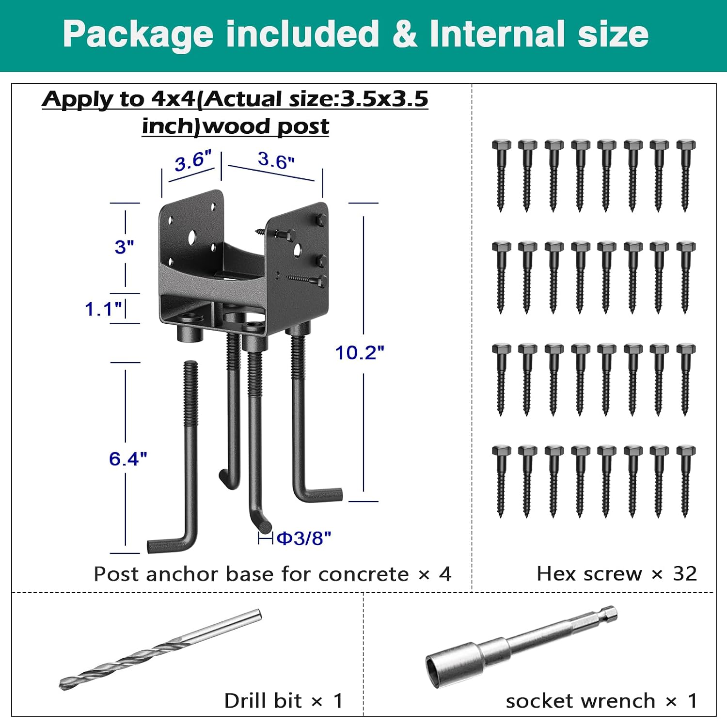 Stainless Steel Post Base Anchor Bracket for 4'x4' Post with Air Flow Channel, U-Shaped Post Holder Bracket with Rebars Working in Concrete Foundation, 4Pack [Patent Pending]