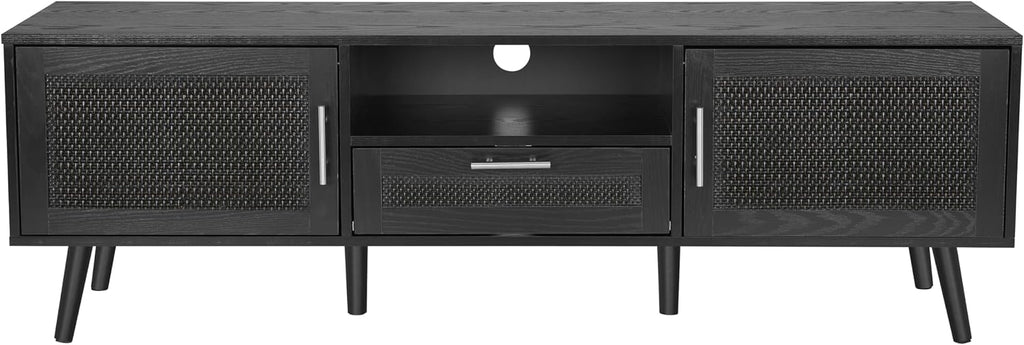 Finnhomy 59 Inch Boho TV Stand for up to 70 inch TV, TV Console with 2 Hand Made Rattan Decorated Doors, Living Room Entertainment Center TV Table with Storage, Black
