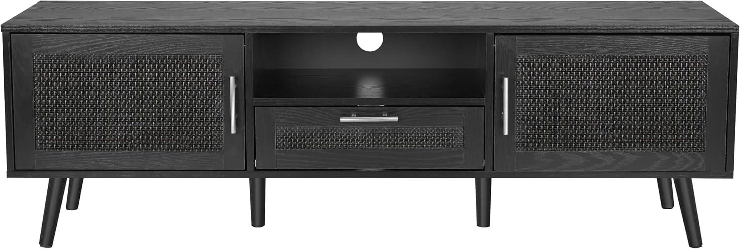 Finnhomy 59 Inch Boho TV Stand for up to 70 inch TV, TV Console with 2 Hand Made Rattan Decorated Doors, Living Room Entertainment Center TV Table with Storage, Black