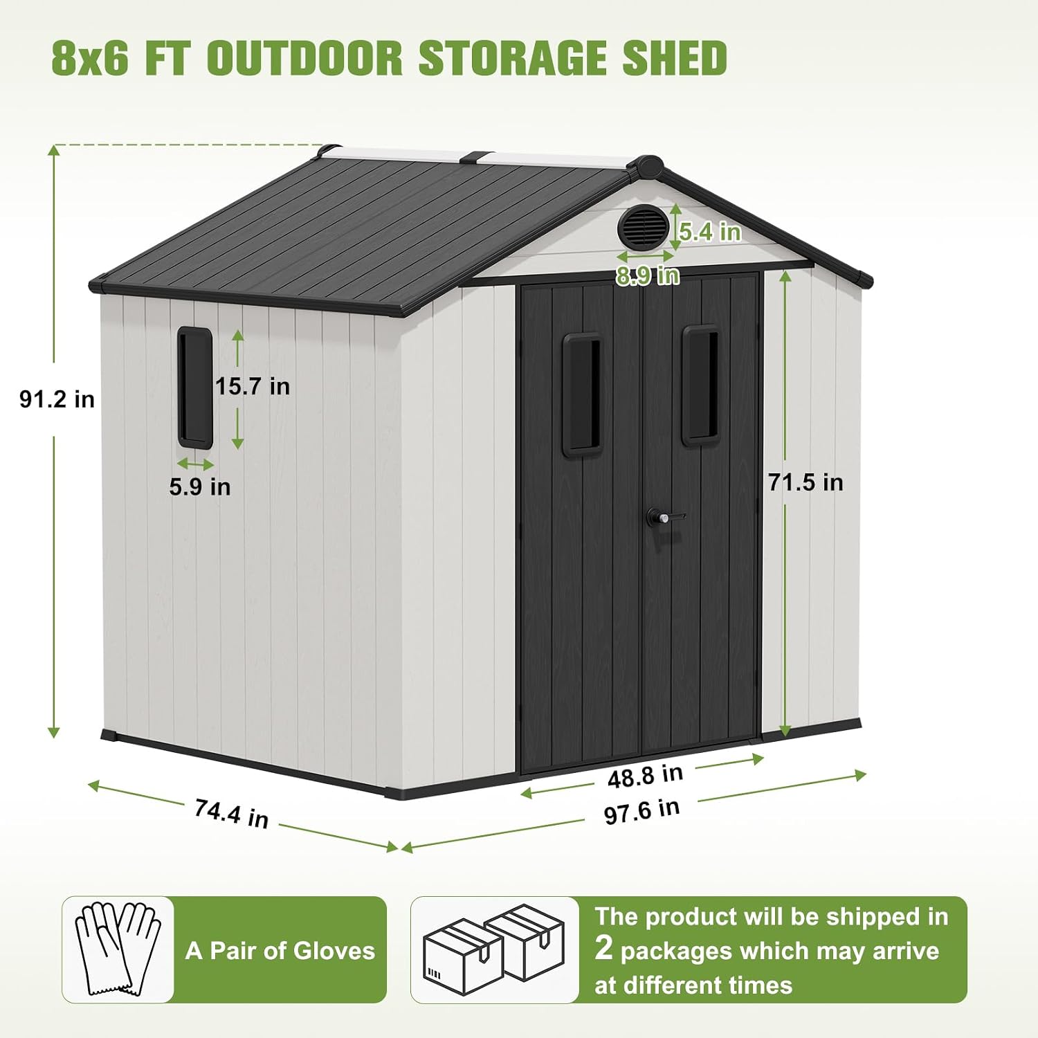 COOS BAY 8x6 Outdoor Storage Shed with Floor, Lockable Doors, All-Weather Resin Garden Tool Shed, White/Gray