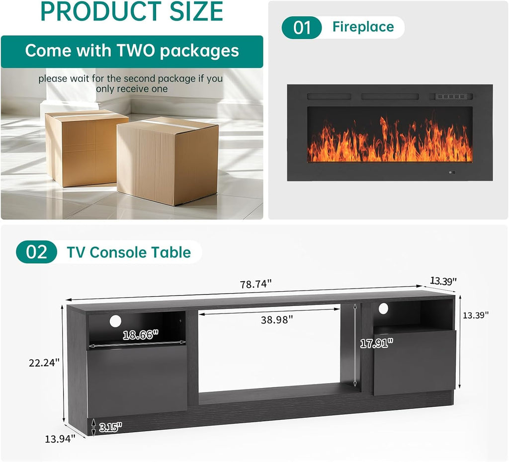 MXV 80' Fireplace TV Stand for TVs Up to 90', LED Light Entertainment Center with 36' Electric Fireplace, Modern Wood Texture TV Media Console with Highlight Storage Cabinet, Black+Black