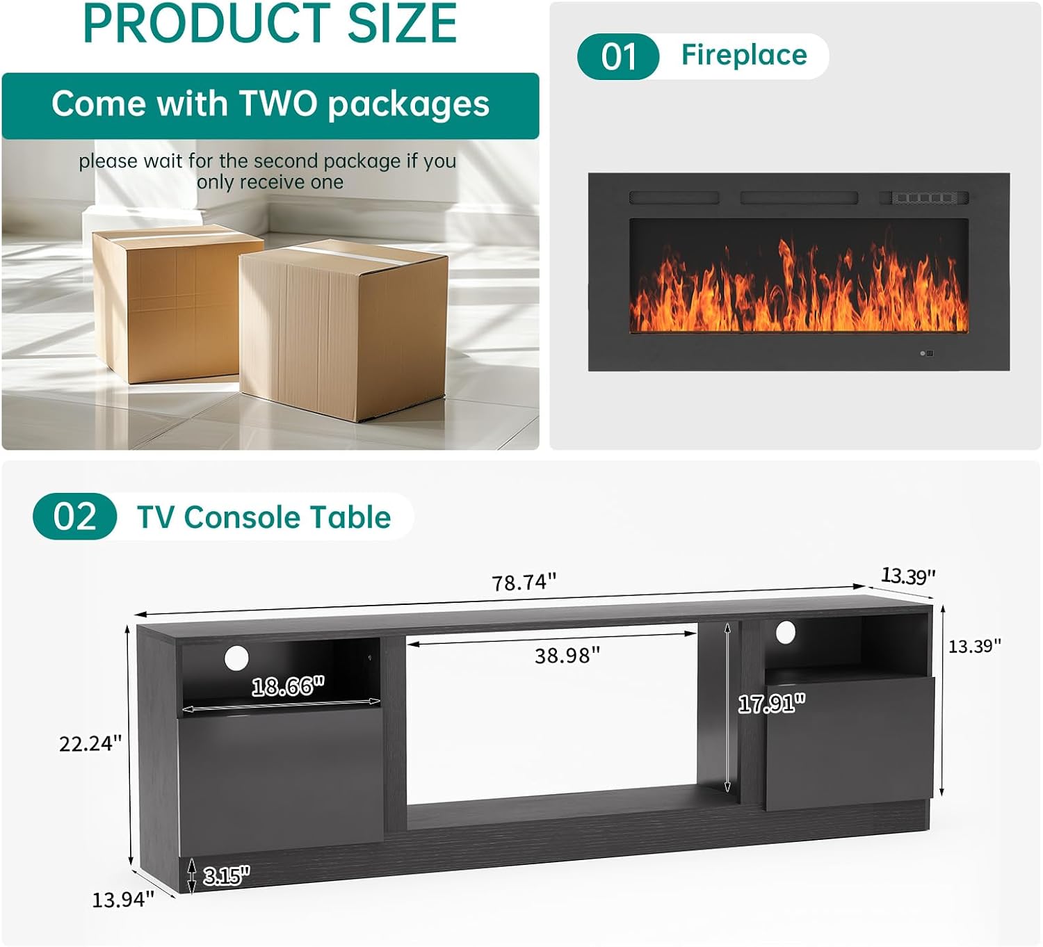 MXV 80' Fireplace TV Stand for TVs Up to 90', LED Light Entertainment Center with 36' Electric Fireplace, Modern Wood Texture TV Media Console with Highlight Storage Cabinet, Black+Black