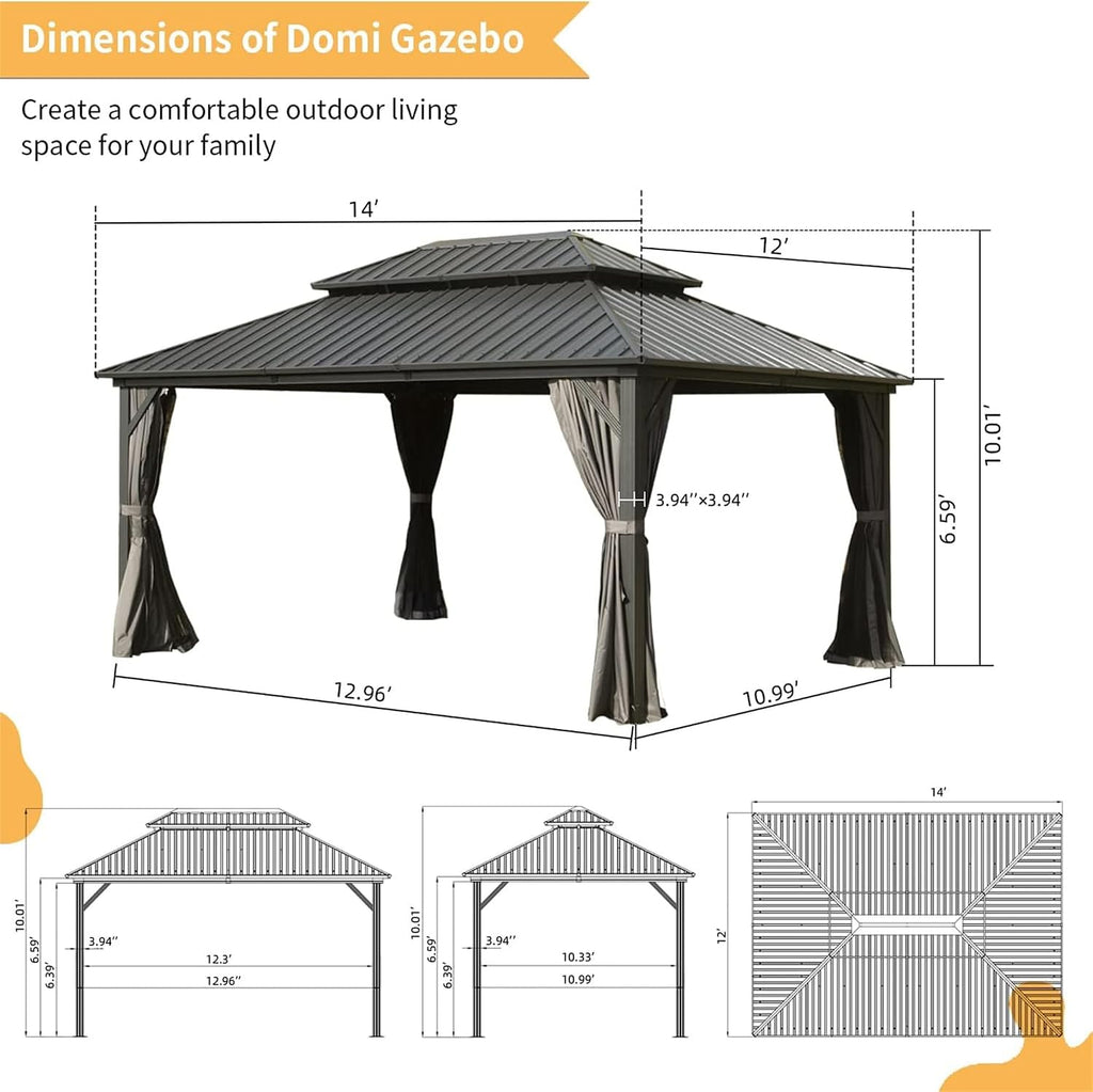 12' X 14' Hardtop Gazebo, Aluminum Metal Gazebo with Galvanized Steel Double Roof Canopy, Curtain and Netting, Pent Gazebo Pavilion for Patio, Backyard, Deck, Lawn