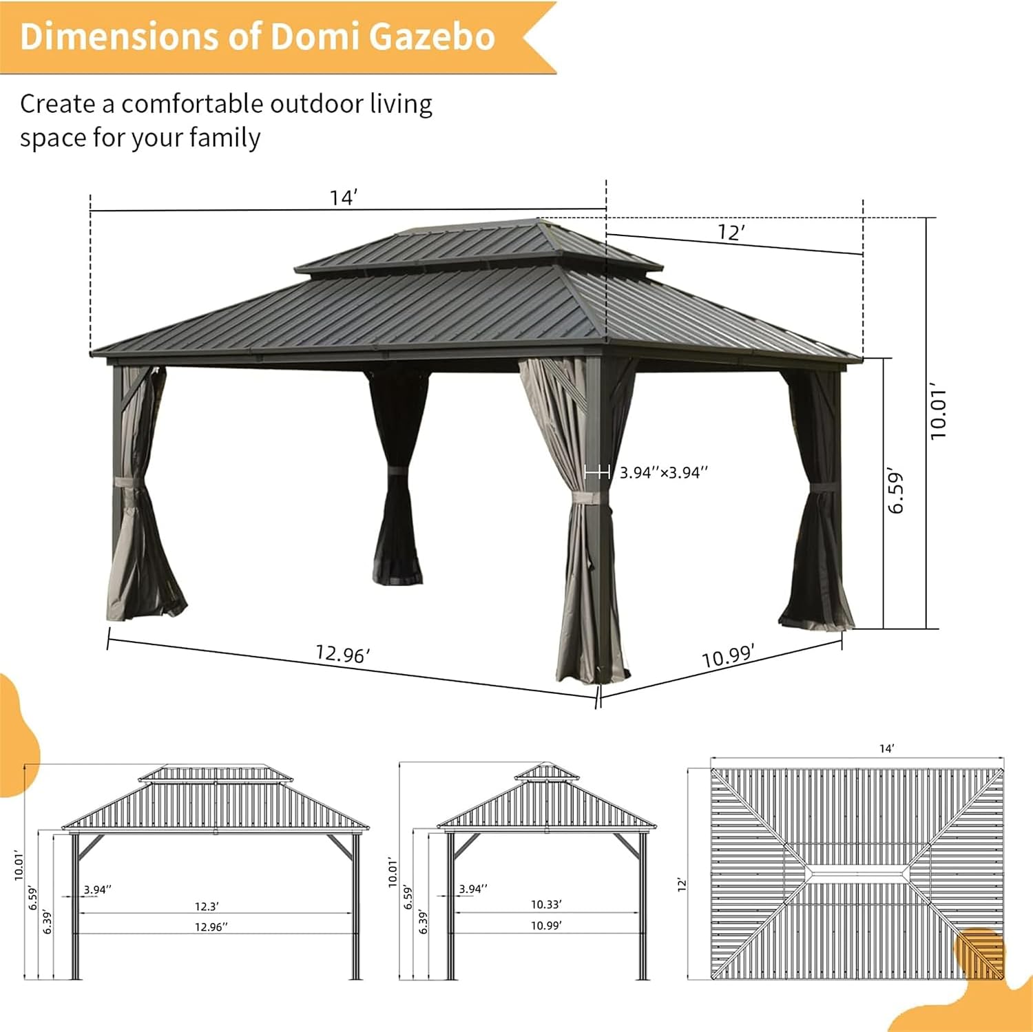 12' X 14' Hardtop Gazebo, Aluminum Metal Gazebo with Galvanized Steel Double Roof Canopy, Curtain and Netting, Pent Gazebo Pavilion for Patio, Backyard, Deck, Lawn