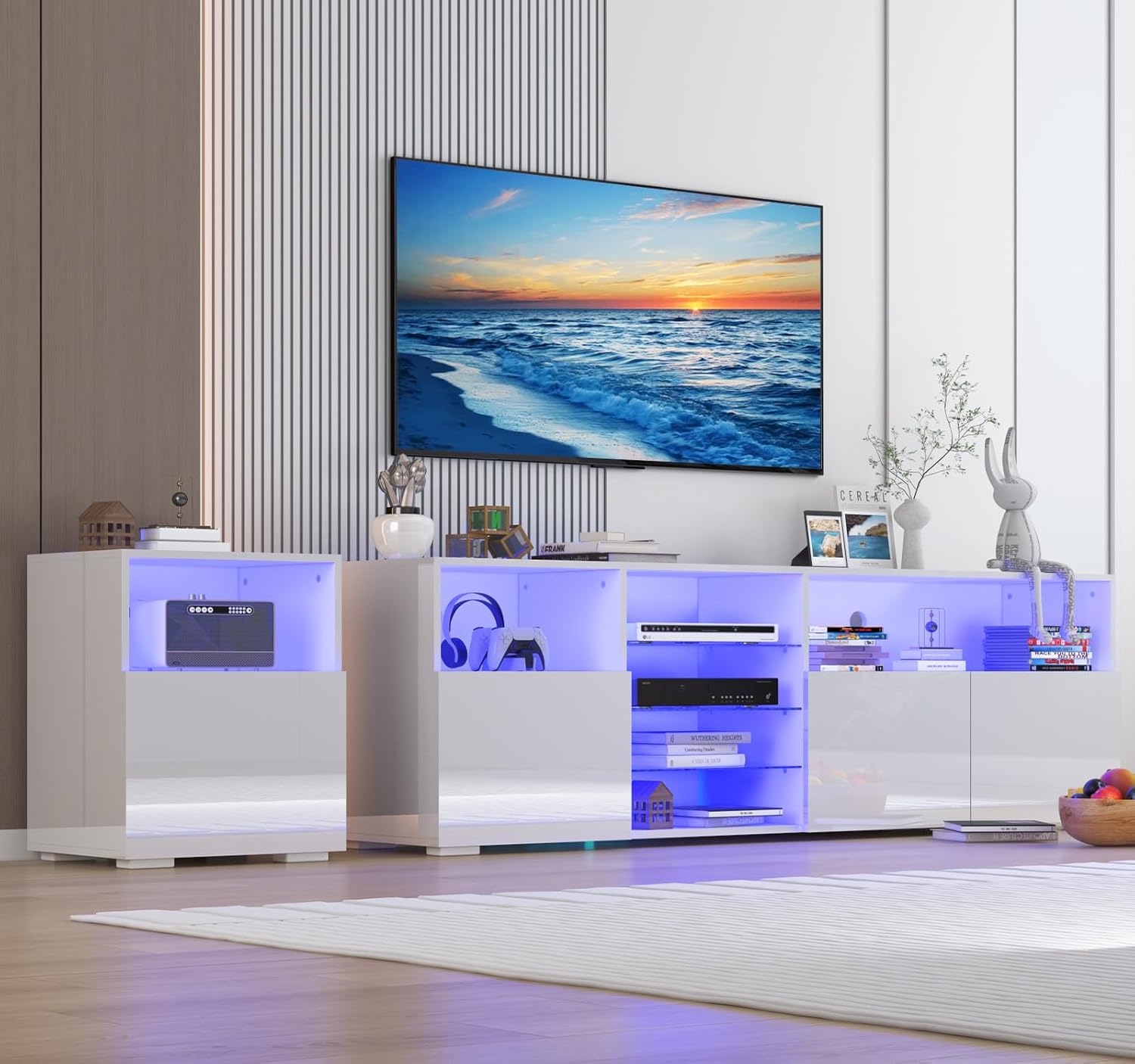 jiteentarou 79IN LED TV Stand for 75/80/85inch TV,High Glossy Modern TV Stand for Living Room,TV Entertainment Center with Adjustable Storage Shelf,RGB LED Lighting,TV Console(White)