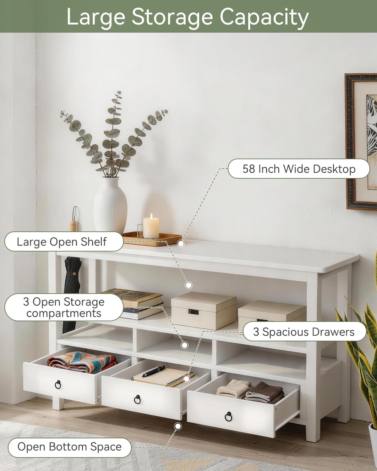 Karl home Console Table with 3 Bottom Drawers, 57.9' W Sofa Side Table Entryway Desk with 3 Storage Cubbies 1 Open Shelf, Vintage TV Stand for Hallway Living Room Office, White 29.9' H