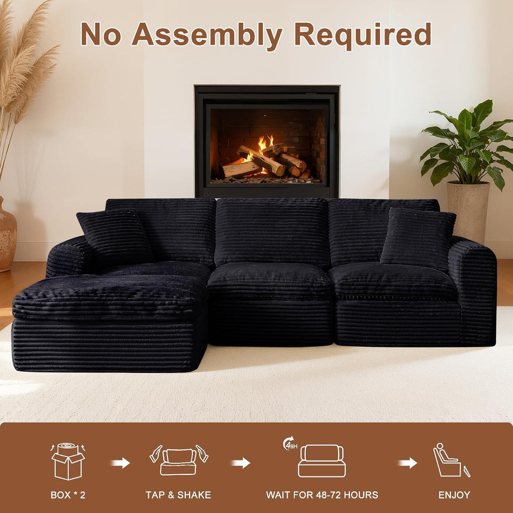 108' Modular Sectional Sofa Couches L Shaped Couch 3 Seater Cloud Sofa Memory Foam Sectional Couches for Living Room, Boneless Couch with Ottoman, Corduroy, Black