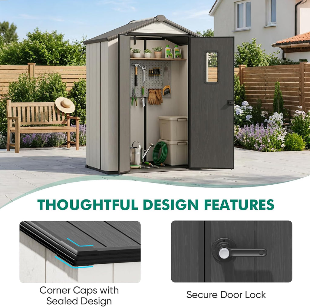 5x3 Outdoor Storage Shed with Floor, Heavy Duty Resin Tool Shed, Weather Resistant Garden Storage Building with Window, White/Gray