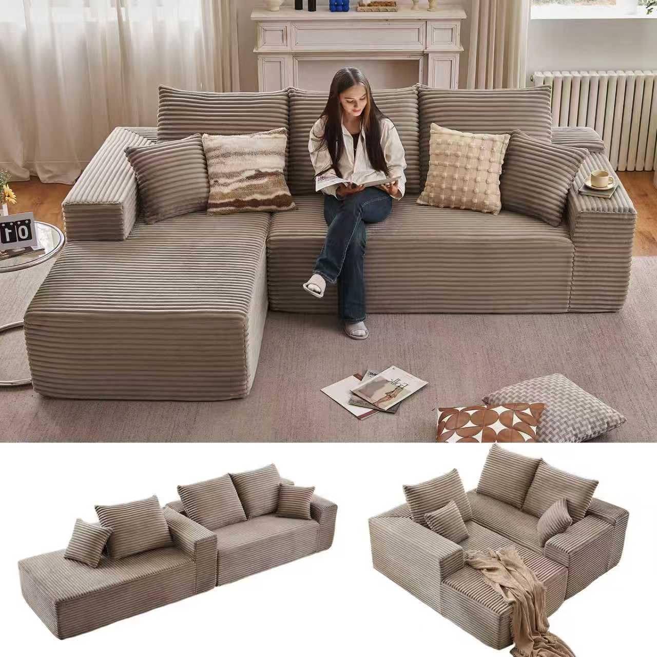 96' Modular Sectional Sofa, Modern Corduroy Cloud Couch with Deep Seat, Boneless Couch Upholstered 3-Seater L-Shaped Sofa for Living Room, No Assembly Required (Camel, Left-Facing Chaise)