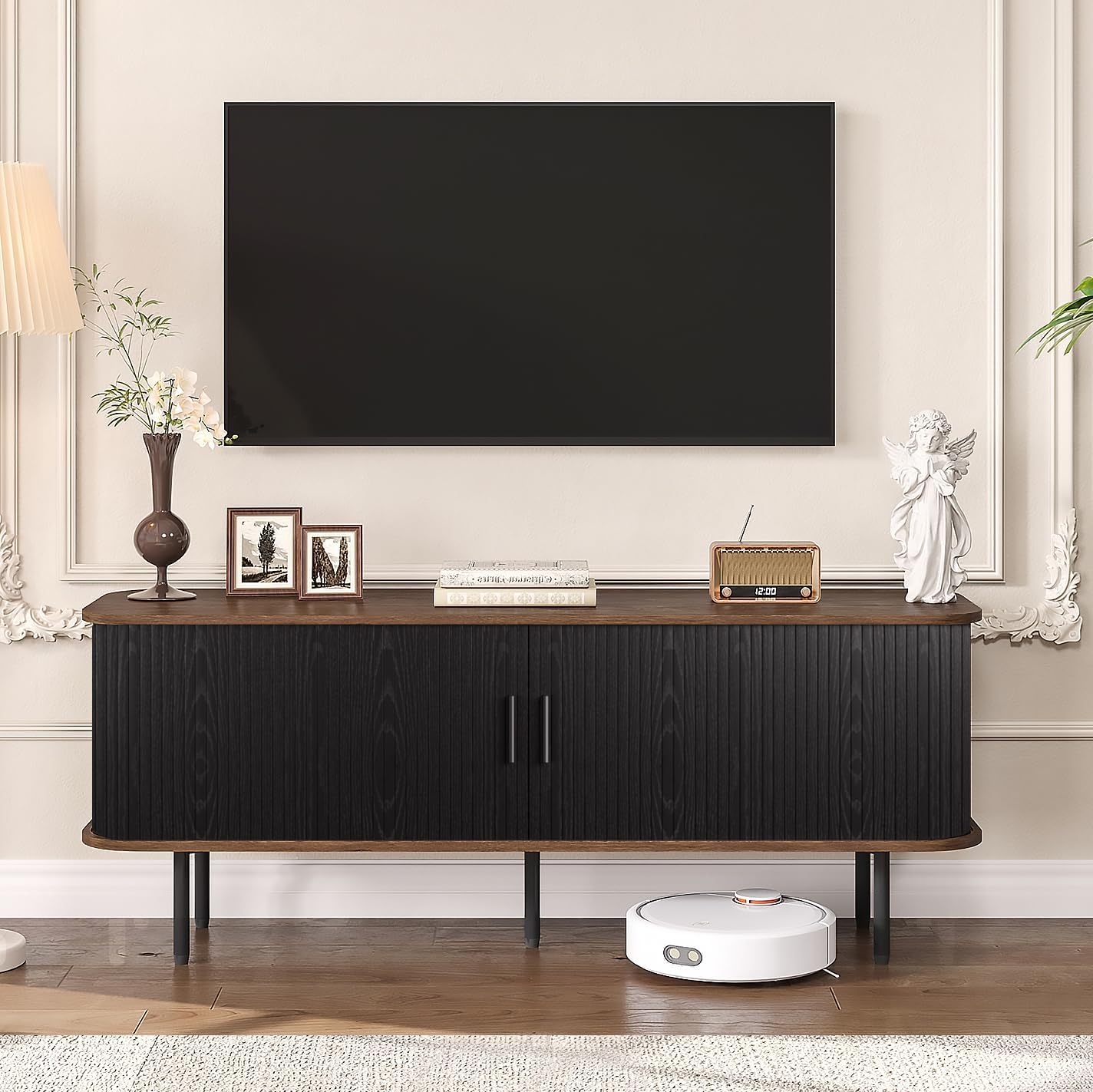 55' Modern Fluted TV Stand for TVs up to 65 Inch, Gaming Entertainment Center with Tambour Slatted Sliding Doors and Storage Cabinet, Media TV Consoles Table for Living Room, Office, Black