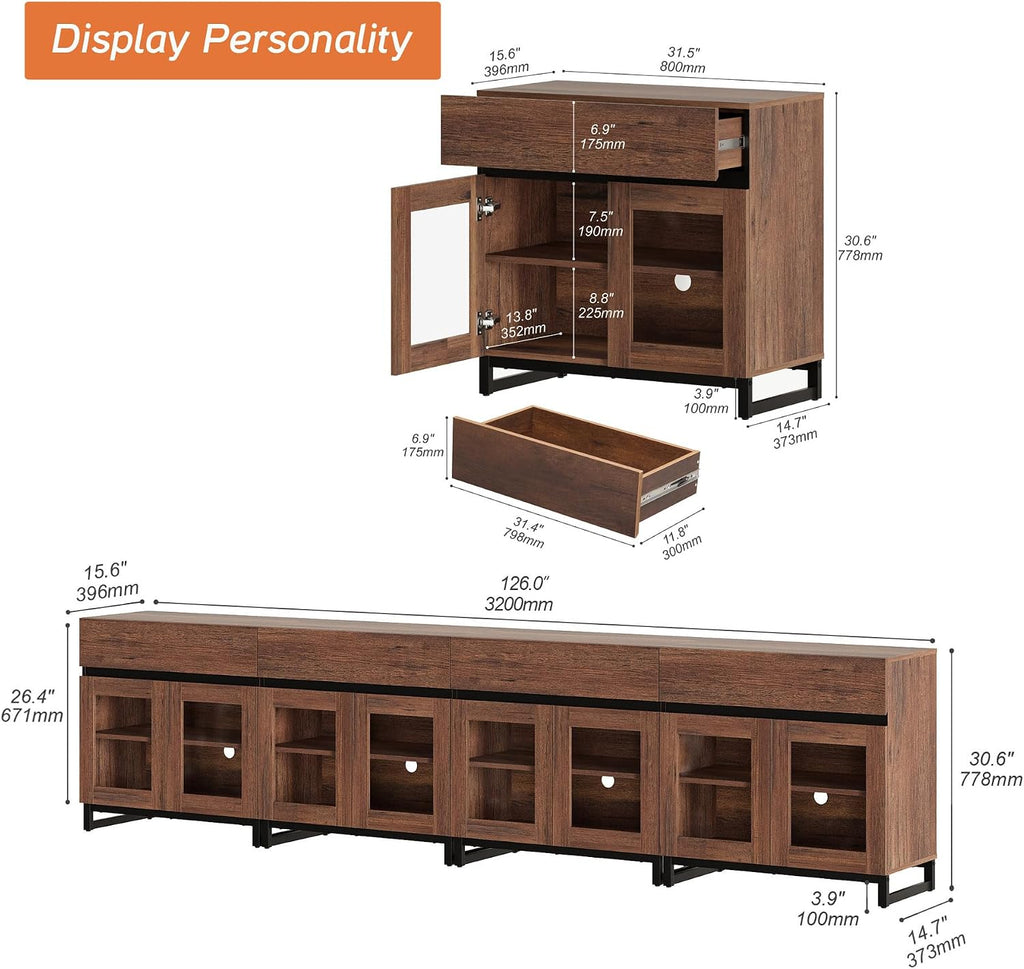 WAMPAT Modern TV Stand with Glass Doors for 80-120 inch TVs, 4 in 1 Entertainment Center Console with 4 Drawers and Metal Base for Living Room, Bedroom, Brown