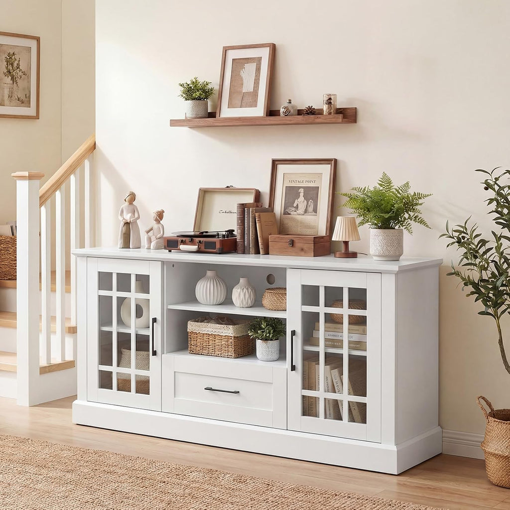 Tangkula Farmhouse TV Stand for TV up to 65 70 Inches, Tall Media Console Table with 2 Glass Storage Cabinets, 1 Drawer & 2 Open Shelves, Wooden Entertainment Center for Living Room (White)