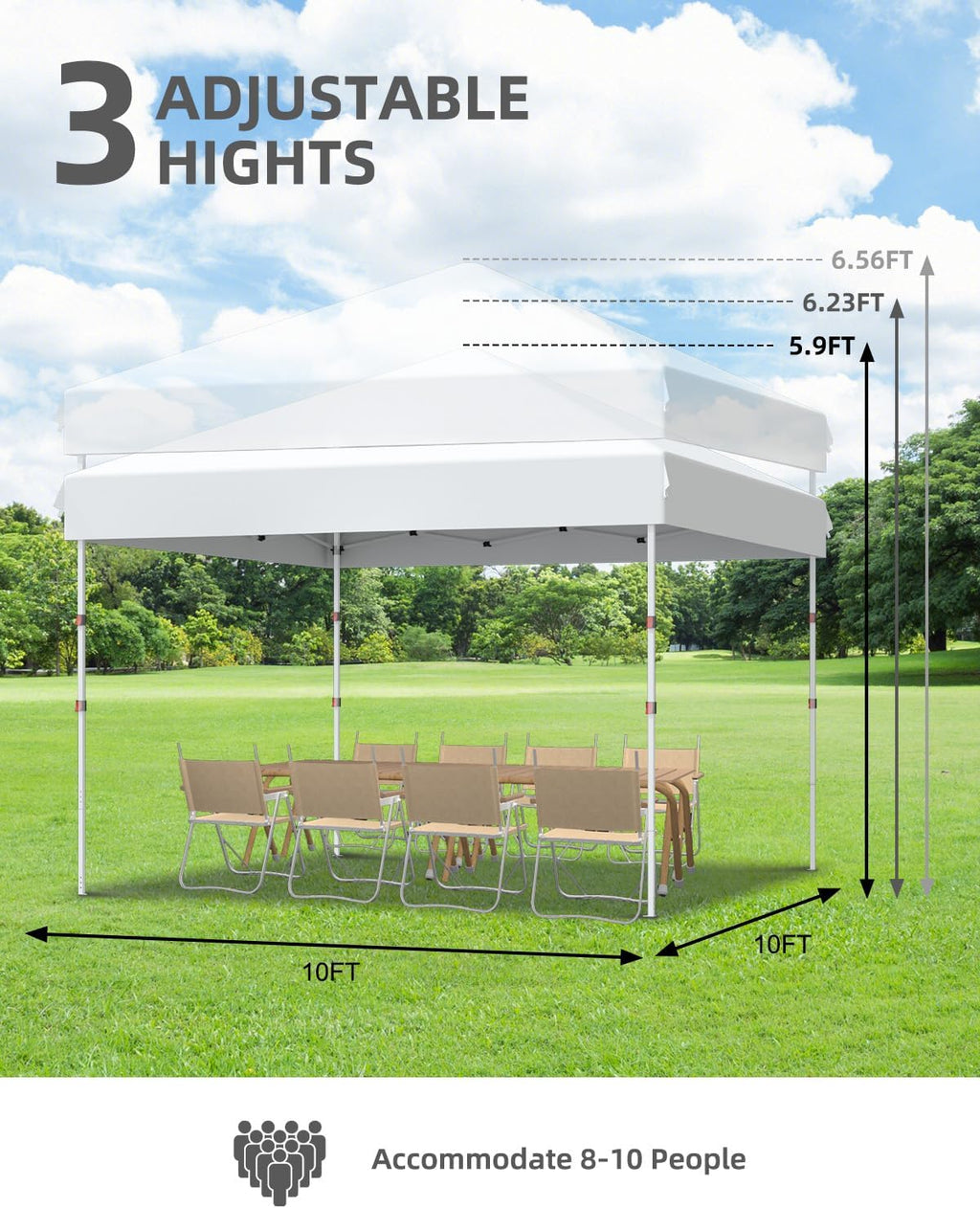 10x10 Pop Up Canopy Tent，Gazebos One-Button Instant Setup, Heavy-Duty 210D Oxford Fabric & Rust-Proof Frame - 3 Adjustable Heights, Roller Bag, 4 Sandbags - UV Protection for Beach, Party
