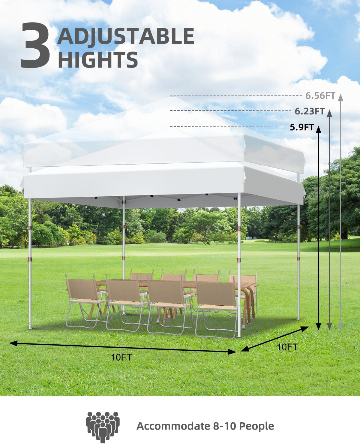 10x10 Pop Up Canopy Tent，Gazebos One-Button Instant Setup, Heavy-Duty 210D Oxford Fabric & Rust-Proof Frame - 3 Adjustable Heights, Roller Bag, 4 Sandbags - UV Protection for Beach, Party